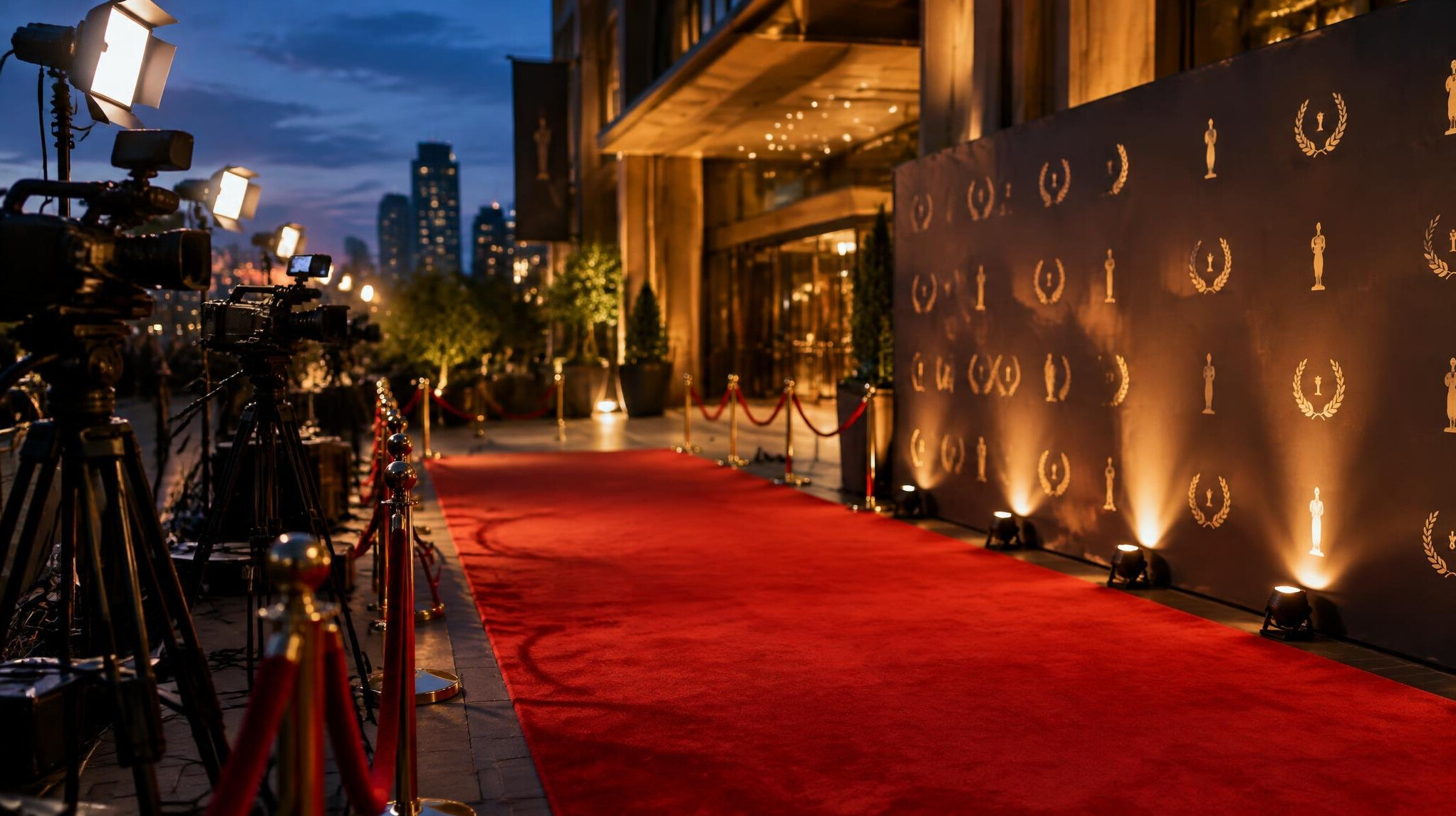 Crowd and stage lights at an evening premiere event