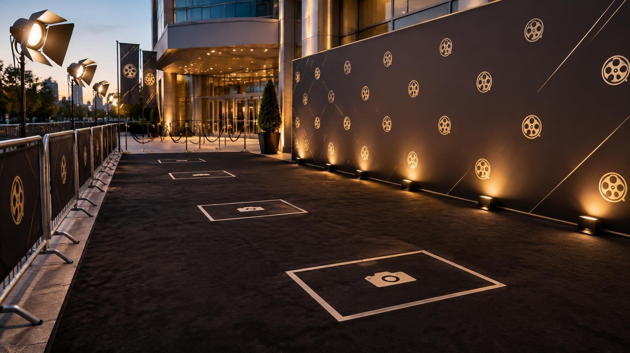 Event stage and arrival area prepared for coverage