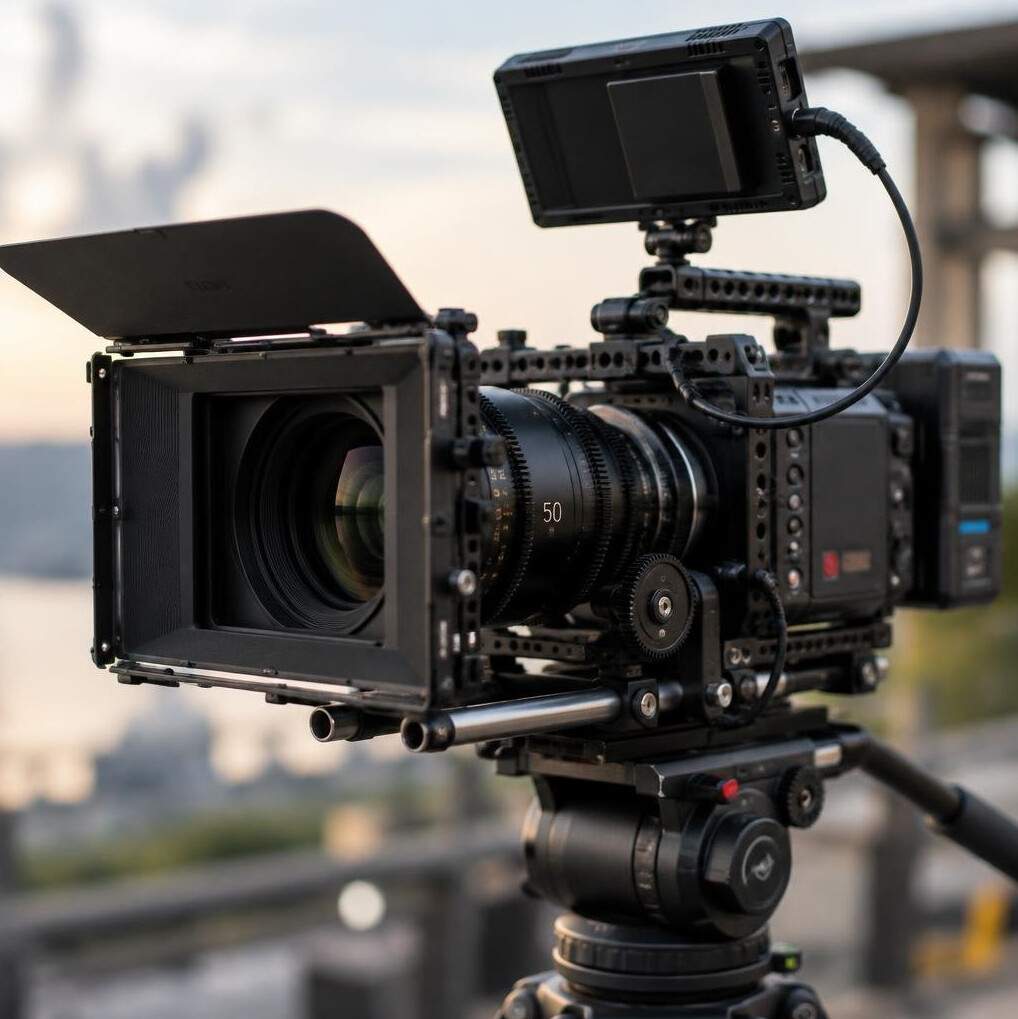Cinema camera on a tripod close up