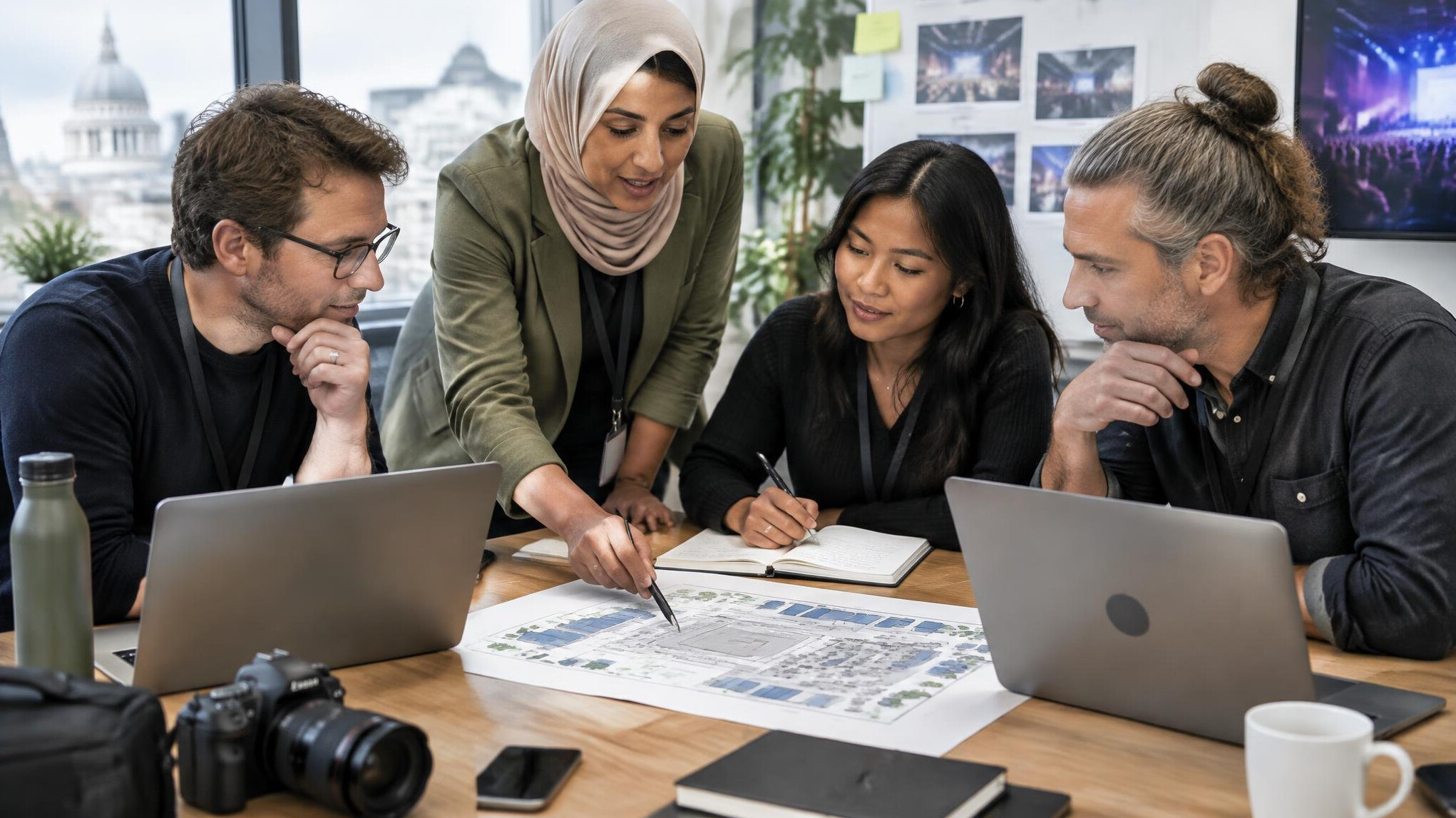 Team meeting around a table planning an event coverage