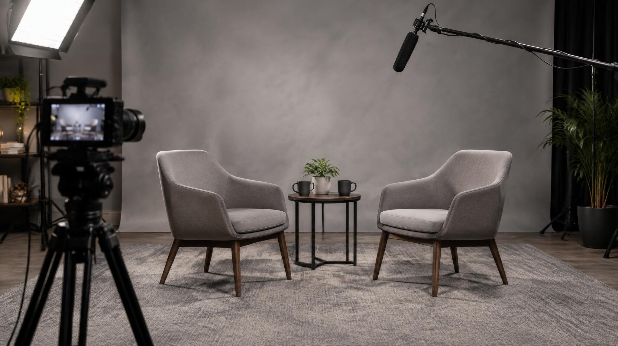 Interview setup with camera, microphone and two chairs