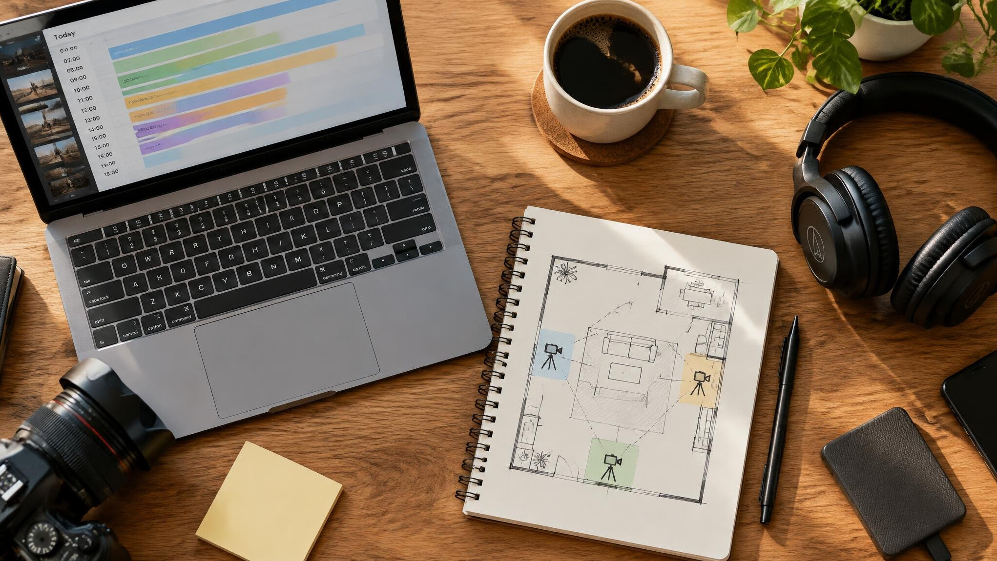 Laptop and notes on a desk for planning a production workflow