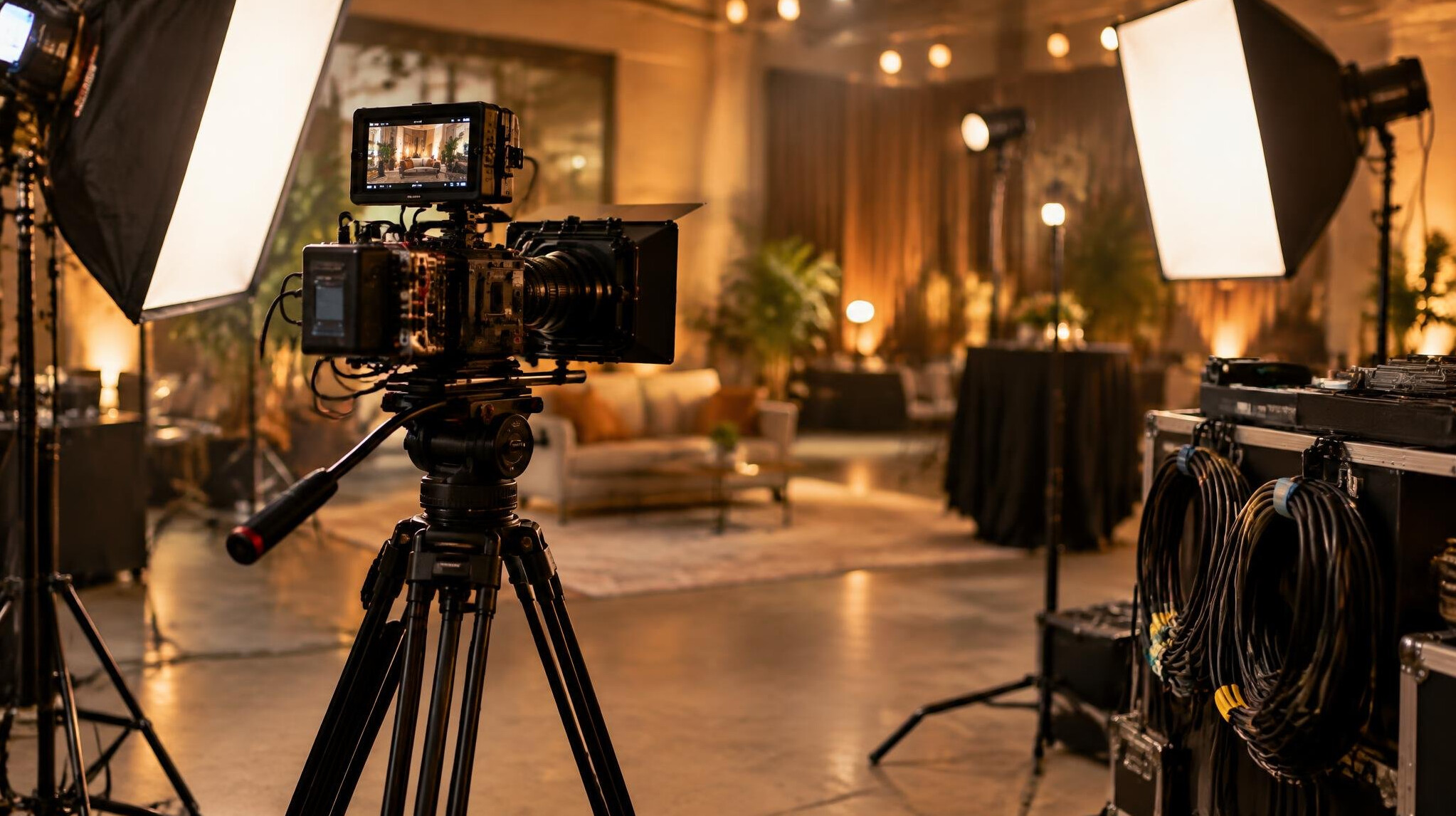 Film production crew setting up cameras and lights